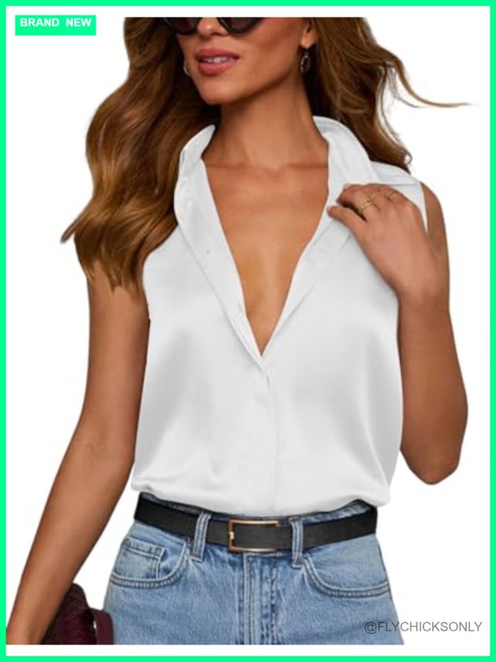 Sleeveless Satin Button Down Blouse - Women's V-Neck Business Casual Top